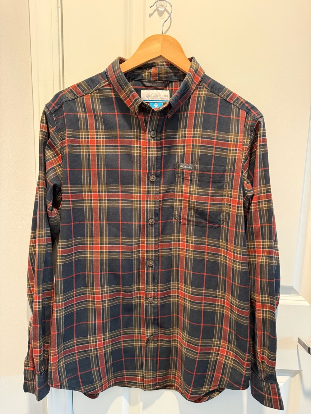 Columbia Men’s M Plaid Button Down Shirt Stretch Cotton Orange & Blue